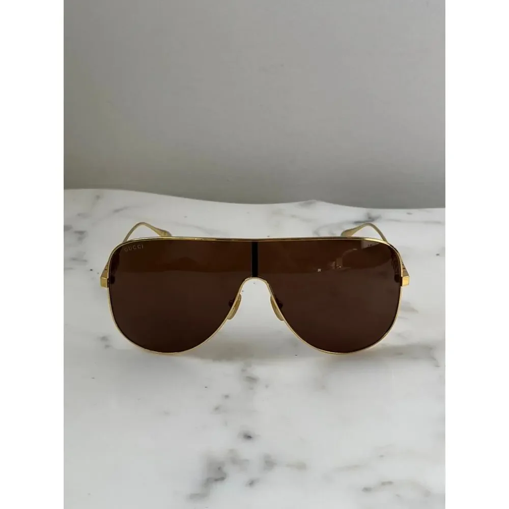 NEW Gucci GG1436S Gold Metal Shield Brown Sunglasses $640